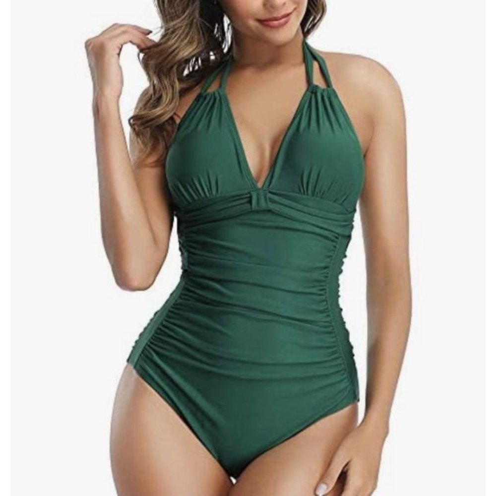 Zexxxy Tummy Control Ruched Halter One Piece Swimsuit S